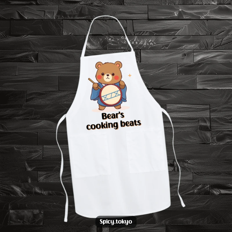 Funny cute bear in a blue kimono energetically playing a taiko drum, a humorous cooking apron.