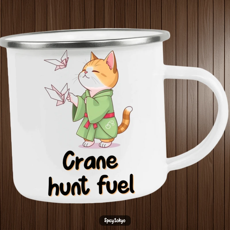 Funny cat in a green kimono playfully attempting to catch a floating origami crane, perfect for outdoor fun.