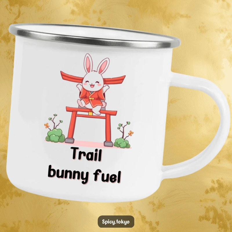 Funny bunny in a red kimono joyfully leaping over a stylized torii gate, perfect for outdoor fun.