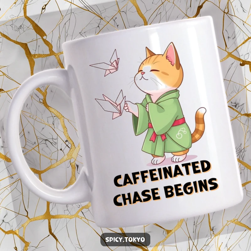 Funny cat in a green kimono playfully attempting to catch a floating origami crane, a cute and humorous gift.