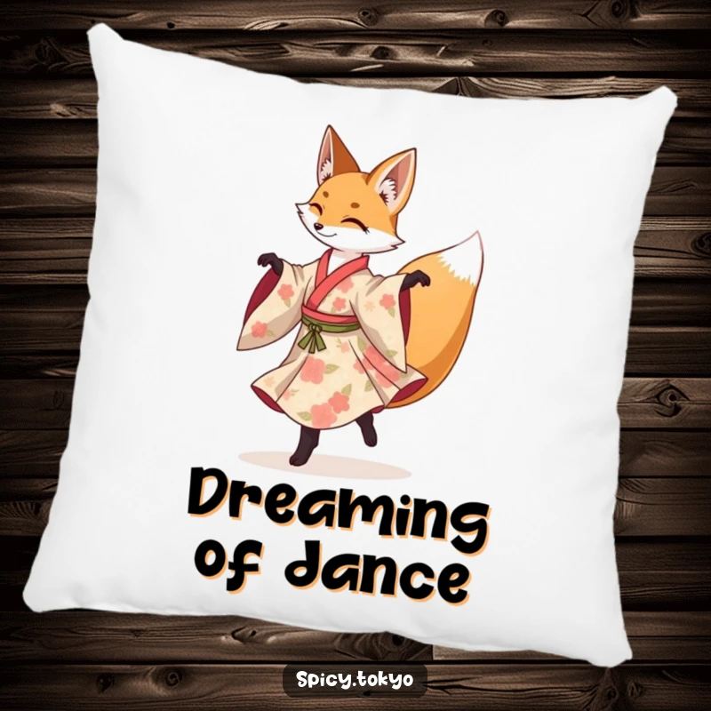 Funny fox in a floral kimono gracefully performing a spinning pirouette, a soft and humorous pillow.