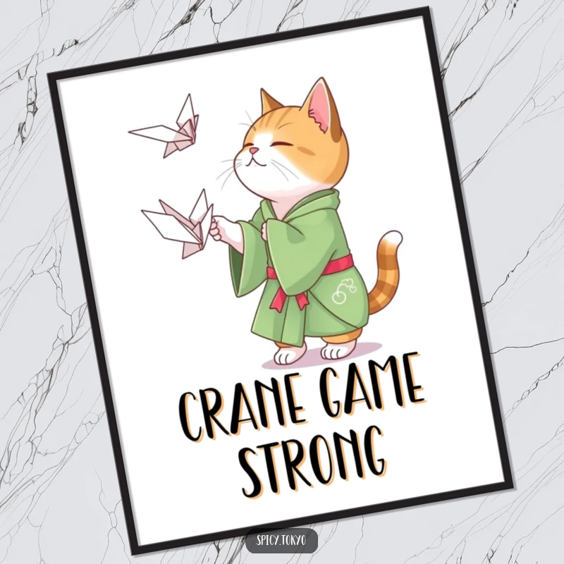 Funny cat in a green kimono playfully attempting to catch a floating origami crane, a downloadable art print.