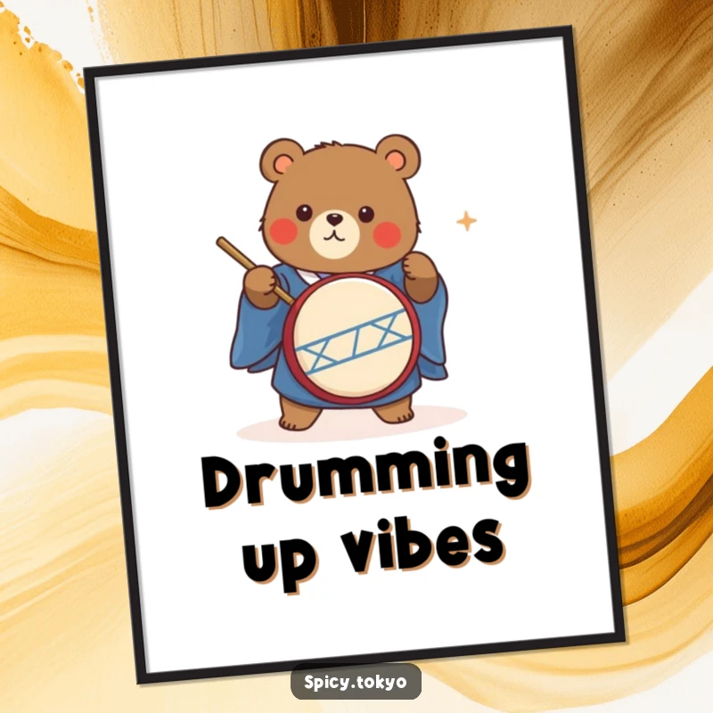 Funny cute bear in a blue kimono energetically playing a taiko drum, a downloadable art print.