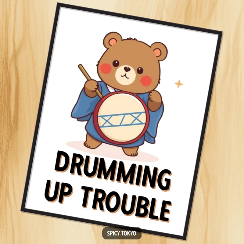 Funny cute bear in a blue kimono energetically playing a taiko drum, a lively art print.