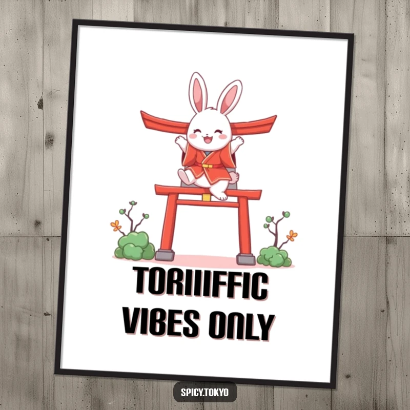 Funny bunny in a red kimono joyfully leaping over a stylized torii gate, a whimsical art print.