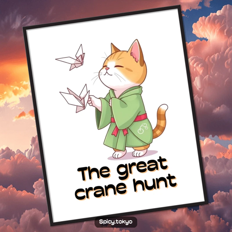 Funny cat in a green kimono playfully attempting to catch a floating origami crane, a charming art print.
