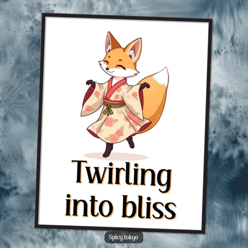 Funny fox in a floral kimono gracefully performing a spinning pirouette, a lovely art print.