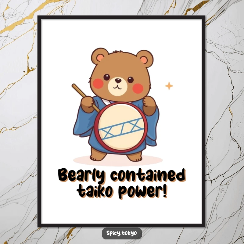 Funny Free Printable Wall Art: Cute bear character in a blue kimono energetically playing a taiko drum.