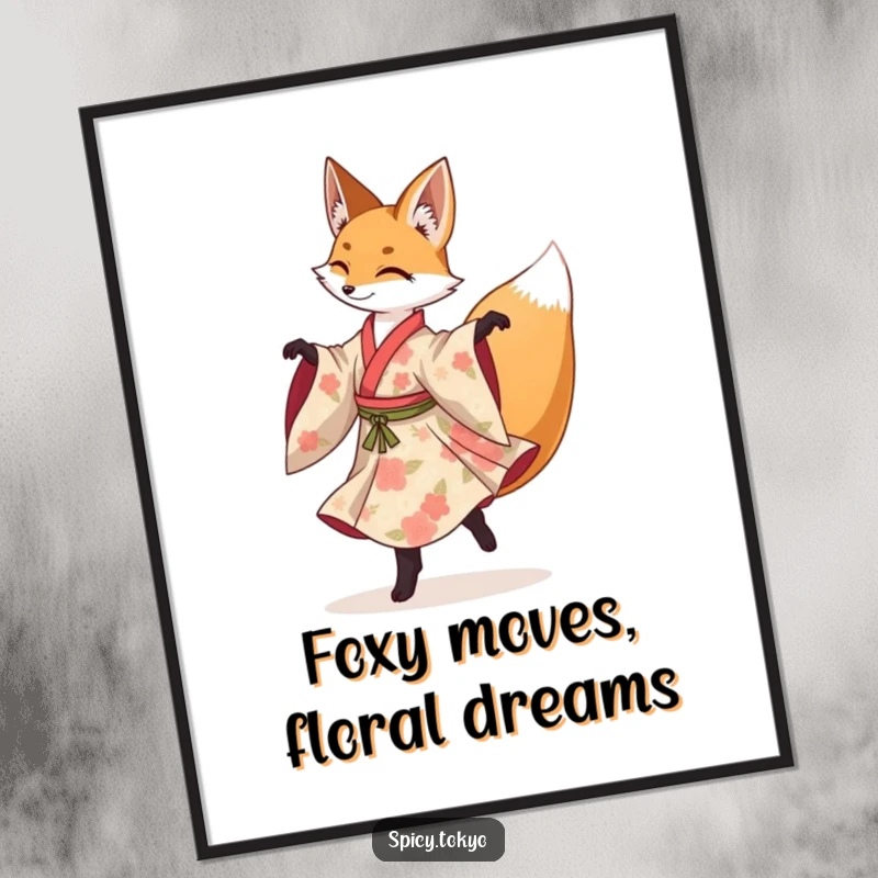 Funny Free Printable Wall Art: Fox in a floral kimono gracefully performing a spinning pirouette.