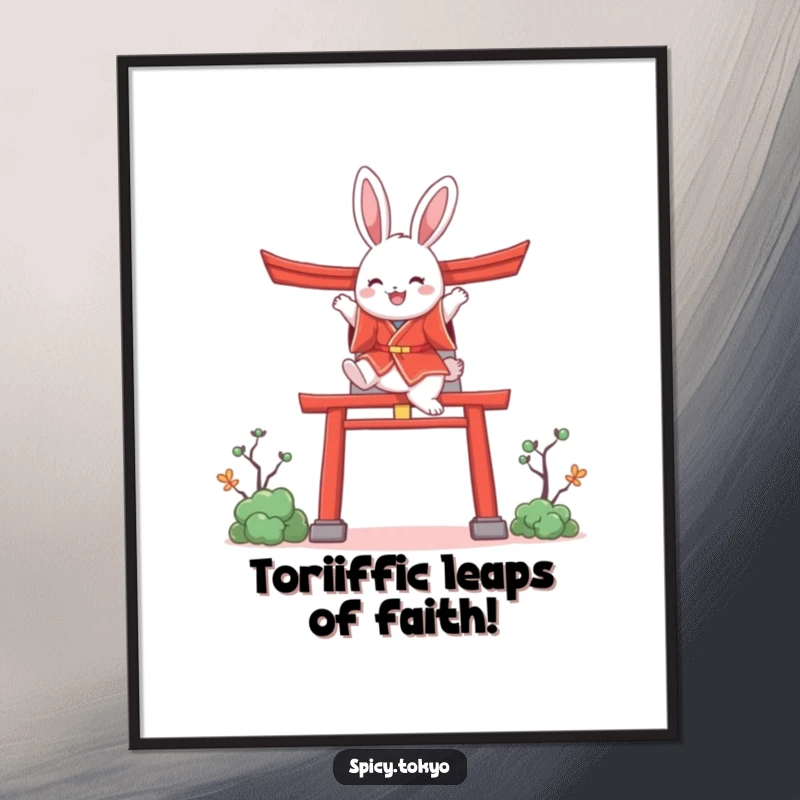 Funny Free Printable Wall Art: Fluffy bunny in red kimono joyfully leaping over a stylized torii gate.