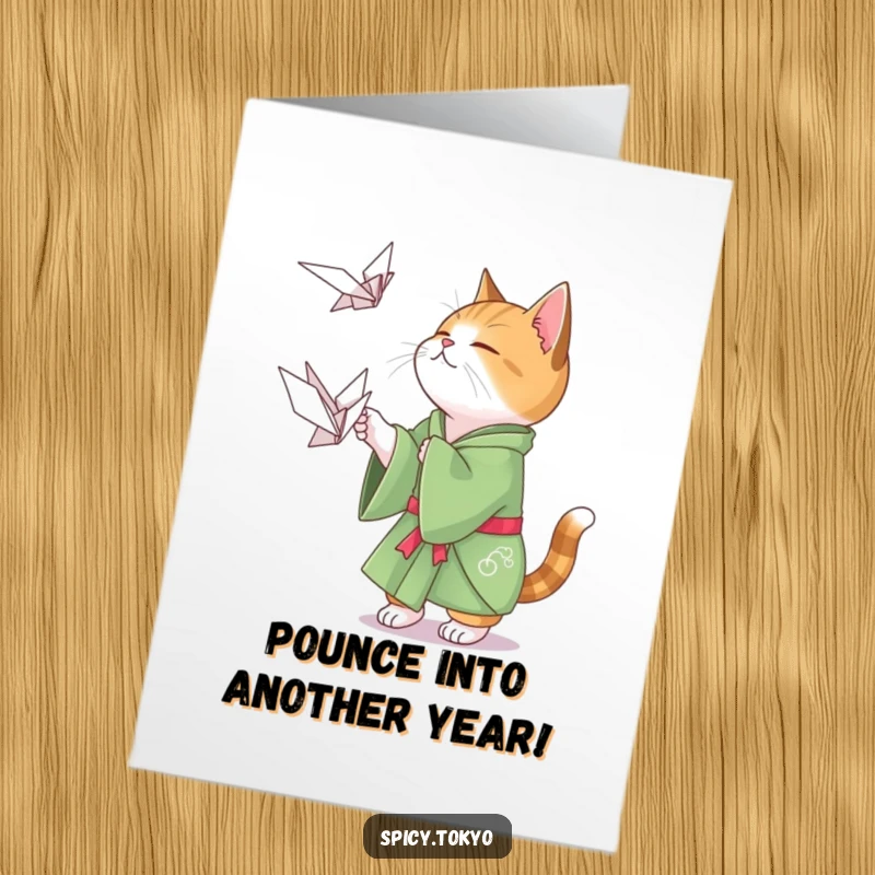 Funny Free Printable Birthday Card: Cat in green kimono playfully catching an origami crane.