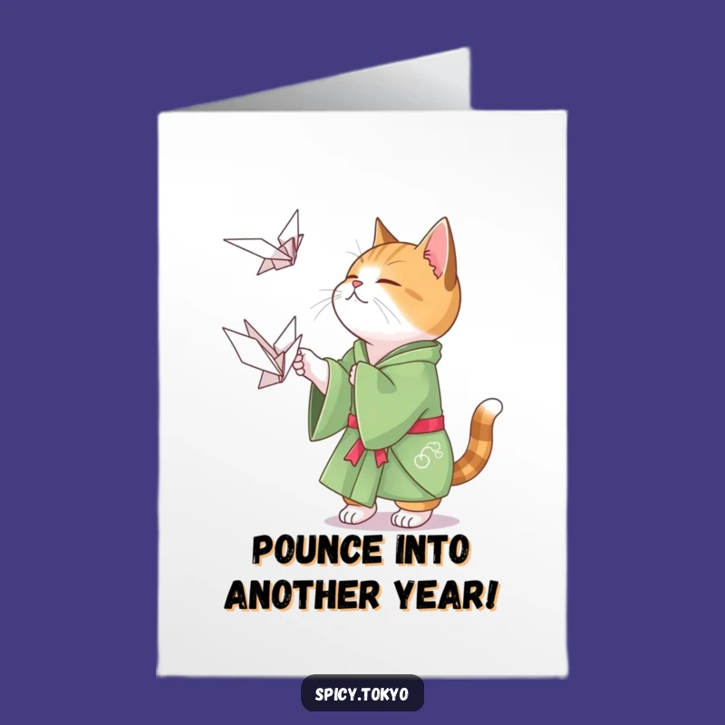 Free Printable Cat Birthday Card: Funny Origami Crane Kimono Cat Downloadable Gift