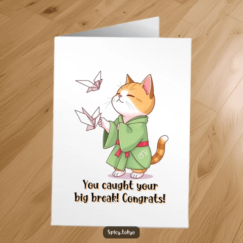 Funny Free Printable Congratulations Card: Cat in green kimono playfully attempting to catch a floating origami crane.