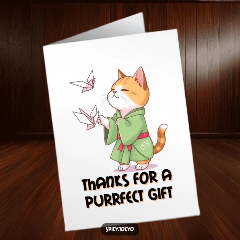 Funny Free Printable Thank You Card: Cat in green kimono playfully attempting to catch a floating origami crane.