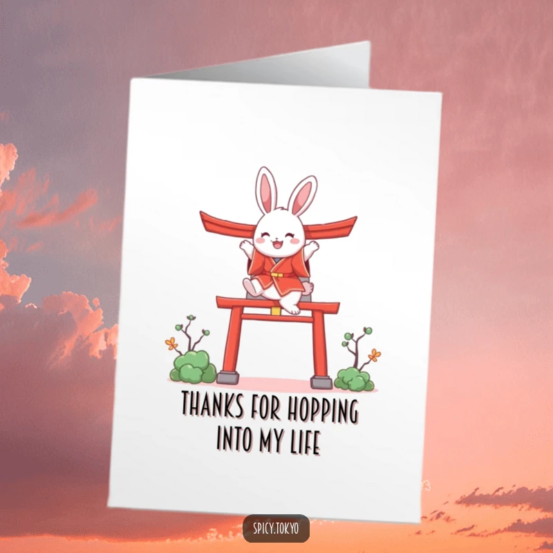 Funny Free Printable Thank You Card: Bunny in red kimono leaping over a torii gate.