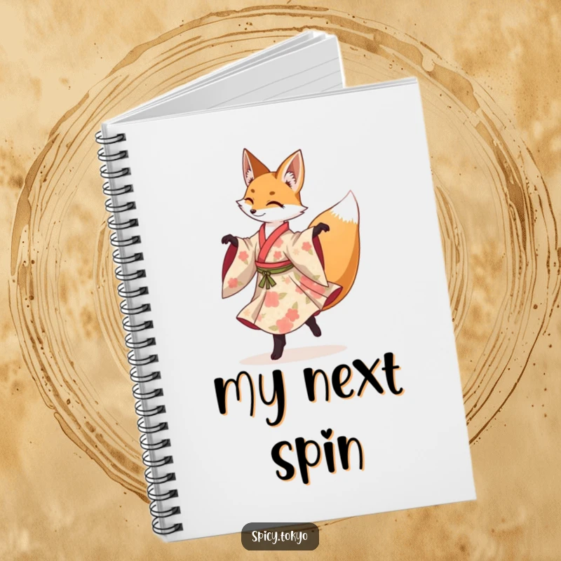 Funny fox in a floral kimono gracefully performing a spinning pirouette, a stylish and funny notebook.